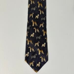 Parker Sage Terrier Dogs Silk Mens Neck Tie Motif Poly Damask Vintage 80s